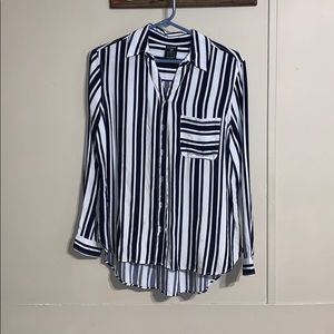 Navy blue and white striped button up